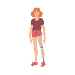 Smiling young girl with prosthetic leg flat style, vector illustration