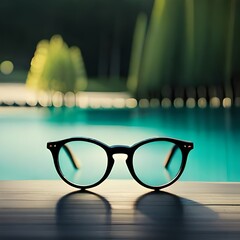 Executive glasses with black rim on the side of a swimming pool made with Generative AI.