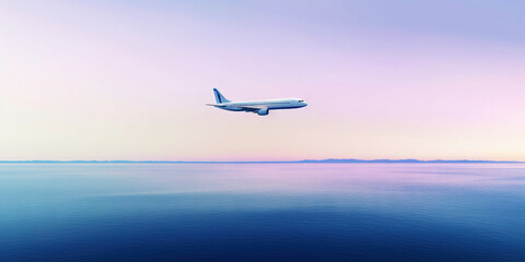 Fototapeta na wymiar Passengers commercial airplane flying above sea surface on colorful paradise sunset. Airliner in flight. Generative AI