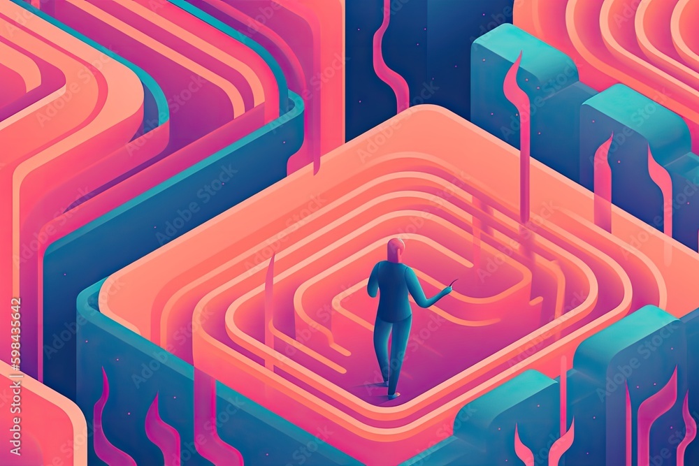 Poster man navigating through a colorful maze. generative ai