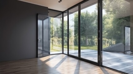 Fototapeta premium Aluminum modern entrance to a luxury house where the door is alsó remarkable. Generative AI Technology 
