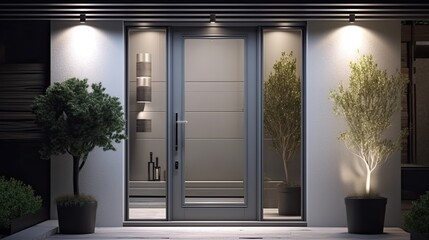 Aluminum modern entrance to a luxury house where the door is alsó remarkable. Generative AI Technology 