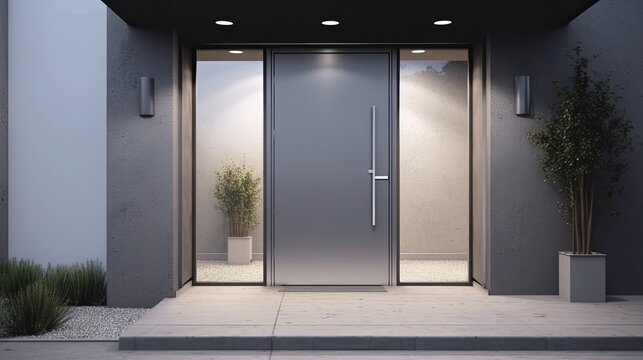 Aluminum modern entrance to a luxury house where the door is als&oacute; remarkable. Generative AI Technology 
