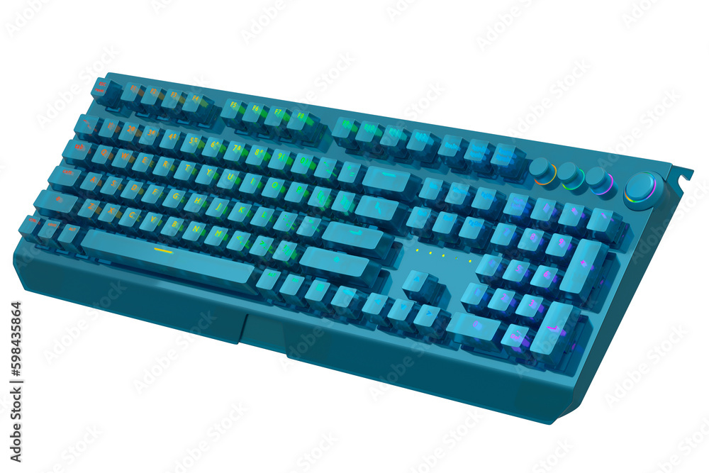 Poster realistic computer keyboard with blue chrome texture isolated on white