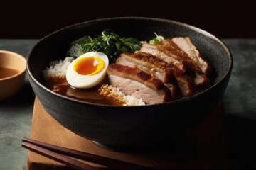 delicious bowl of meat, rice and egg. Generative AI