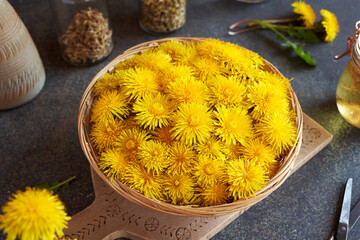 Dandelion flowers in a basket on a table