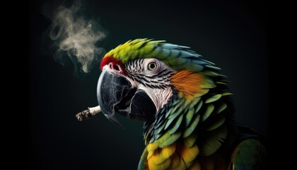 Obraz premium Beautiful Parrot smoking ecology concept- Detailed Portrait of Colorful Bird of exotic parrot's plumage smoking cigarette or weed.