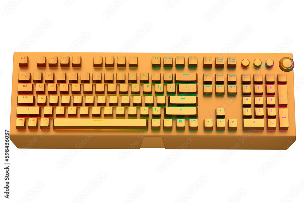 Poster realistic computer keyboard with golden chrome texture isolated on white