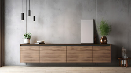 Wooden sideboard in modern living room, concrete wall with wooden paneling, home interior background with copy space, 3d rendering