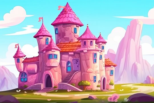 whimsical castle with numerous windows and turrets. Generative AI