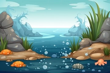 ocean landscape with rocky shores and coastal plants. Generative AI