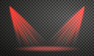 Red light effect isolated on transparent backdrop. Vector illustration of bright colorful stage beams
