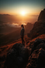 Obraz premium a man is standing on a mountain. AI generative