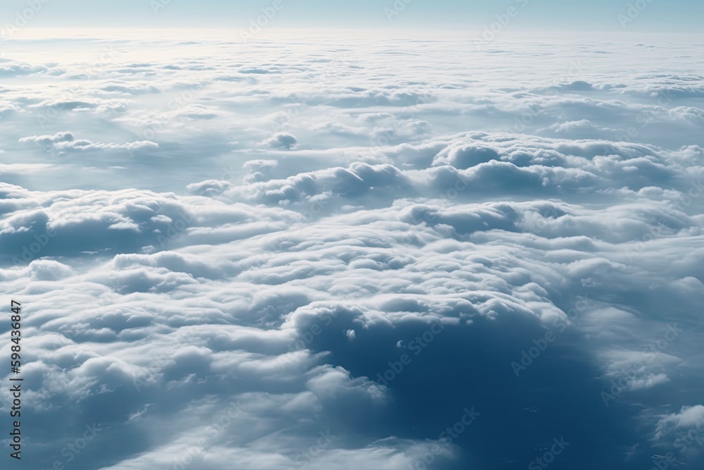 Poster aerial view of fluffy clouds through an airplane window. generative ai