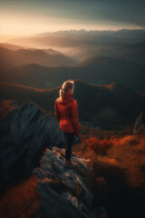Fototapeta premium a man is standing on a mountain. AI generative