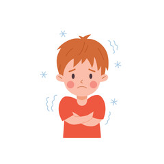 Upset child boy in red t-shirt having chills flu symptom flat style