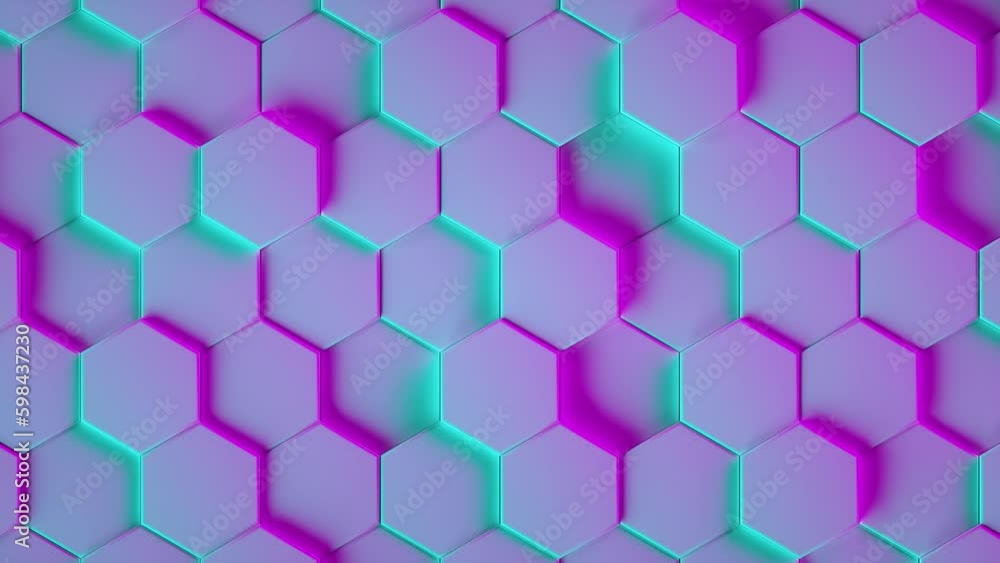 Poster hexagon geometric pattern as abstract background with neon light. 3d animation loop