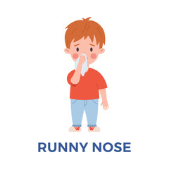 Sad boy with runny nose flat style, vector illustration