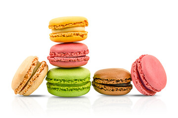 French colorful macaroons isolated on a transparent background
