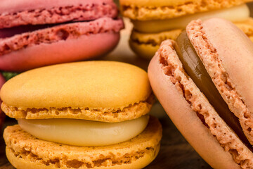 Traditional French colorful macaroons . Macro shot