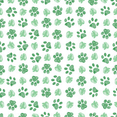 Tropical monstera leaves and paw prints seamless fabric design Generative AI