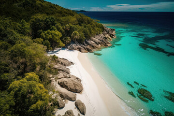 exotic seascape. tourist beach with palm trees, sea and sun. blue ocean water and white sand. ai generative