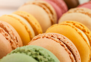 Traditional French colorful macaroons . Macro shot