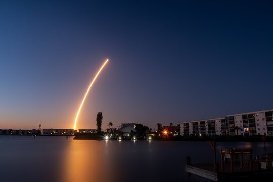Falcon Heavy Launch over Cape Canaveral at Sunset delivering 2 Satellites to Space - Powered by Adobe