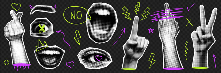 Trendy punk halftone collage set with retro halftone elements and naive doogle elements. Hand gestures, lips, mouth, eyes.Template for banner, poster, card. Contemporary vector illustration.