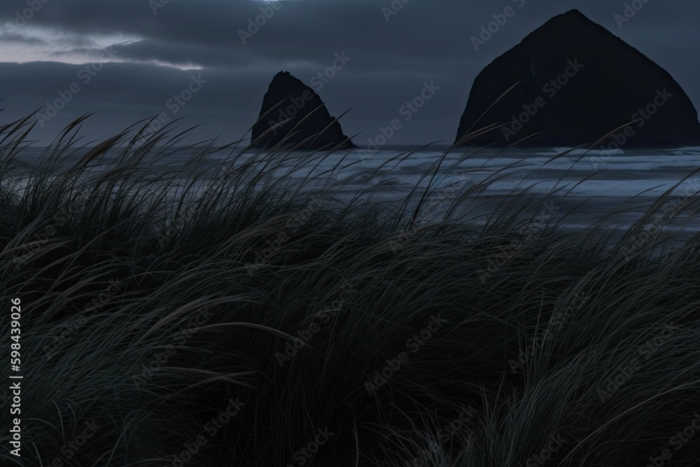 Poster the moon setting over a tranquil ocean with tall grass in the foreground. generative ai