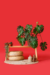 Table with houseplants, poufs and vases on red background