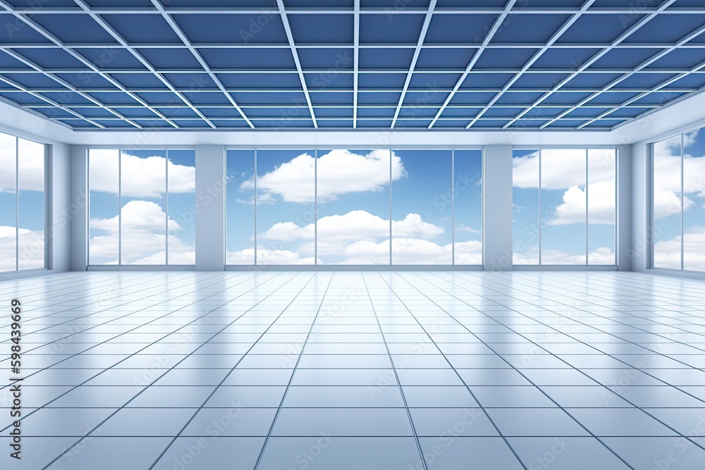 Poster an empty room with a view of the sky. generative ai
