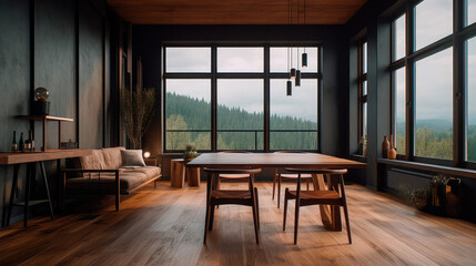Wooden living room interior with eating table and couch, panoramic window. Generative AI