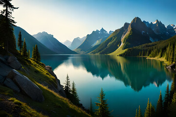 A serene lake reflecting the surrounding mountains in the early morning light - obrazy, fototapety, plakaty