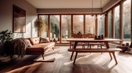 Fototapeta na wymiar Wooden living room interior with eating table and couch, panoramic window. Generative AI