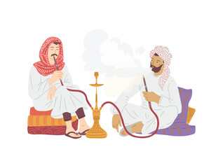 Arab men smoking hookah or calabash flat vector illustration isolated on white.