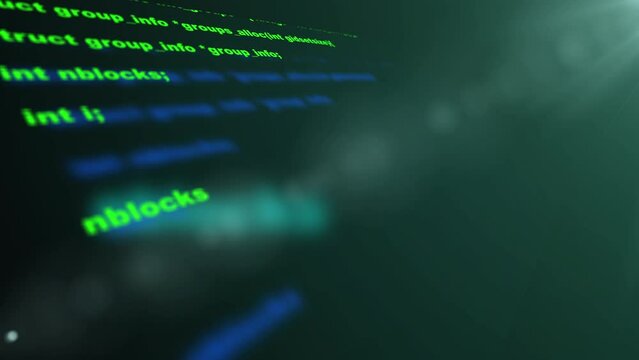 Blocks of abstract program code are written and moved in the virtual space. The camera flies through the computer code. looped. Generative AI