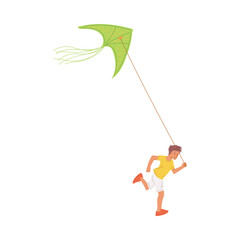 Little boy running with green flying kite flat style, vector illustration