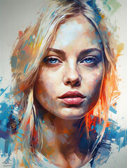 Portrait of a beautiful girl with colorful splashes of paint. The image is completely generated using Ai © Игорь Кляхин