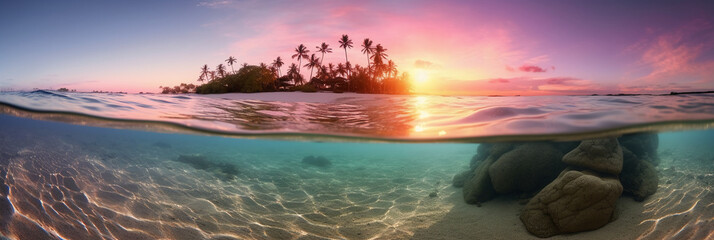 Photograph of beautiful inviting beach scene with pink sunset sky. AI generative - obrazy, fototapety, plakaty
