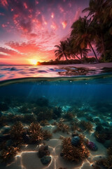 Fototapeta na wymiar Photograph of beautiful inviting beach scene with pink sunset sky. AI generative