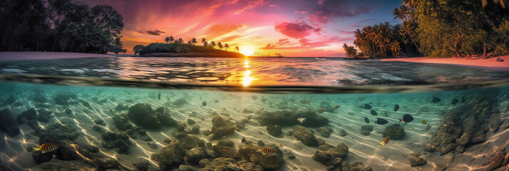 Obraz premium Photograph of beautiful inviting beach scene with purple sunset sky. AI generative