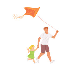 Characters of father and daughter playing with kite, flat vector isolated.