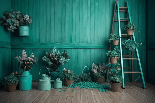 The Ladder Teal Floral Room Digital Backdrops, Maternity Backdrop Overlays, Studio Backdrop Overlays,