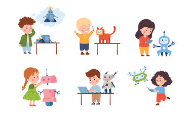 Set of kids with different smart robots flat style