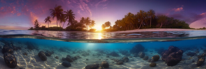 Photograph of beautiful inviting beach scene with purple sunset sky. AI generative - obrazy, fototapety, plakaty