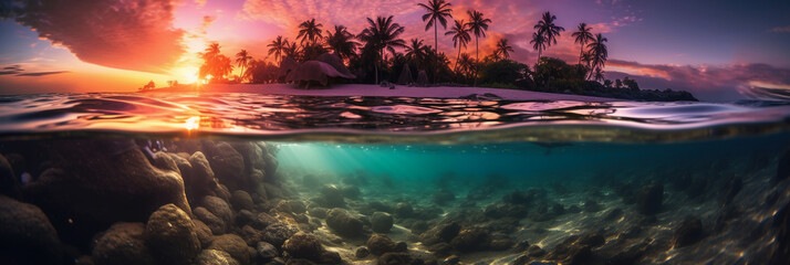 Photograph of beautiful inviting beach scene with purple sunset sky. AI generative
