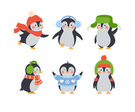 Penguins for winter cards or Christmas prints, flat vector illustration isolated.