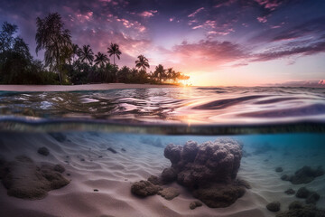 Obraz premium Photograph of beautiful inviting beach scene with purple sunset sky. AI generative