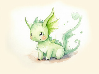 Watercolor Illustration Of A Cute Fantasy Baby Dragon On a White Background in Light Pastel Colors
